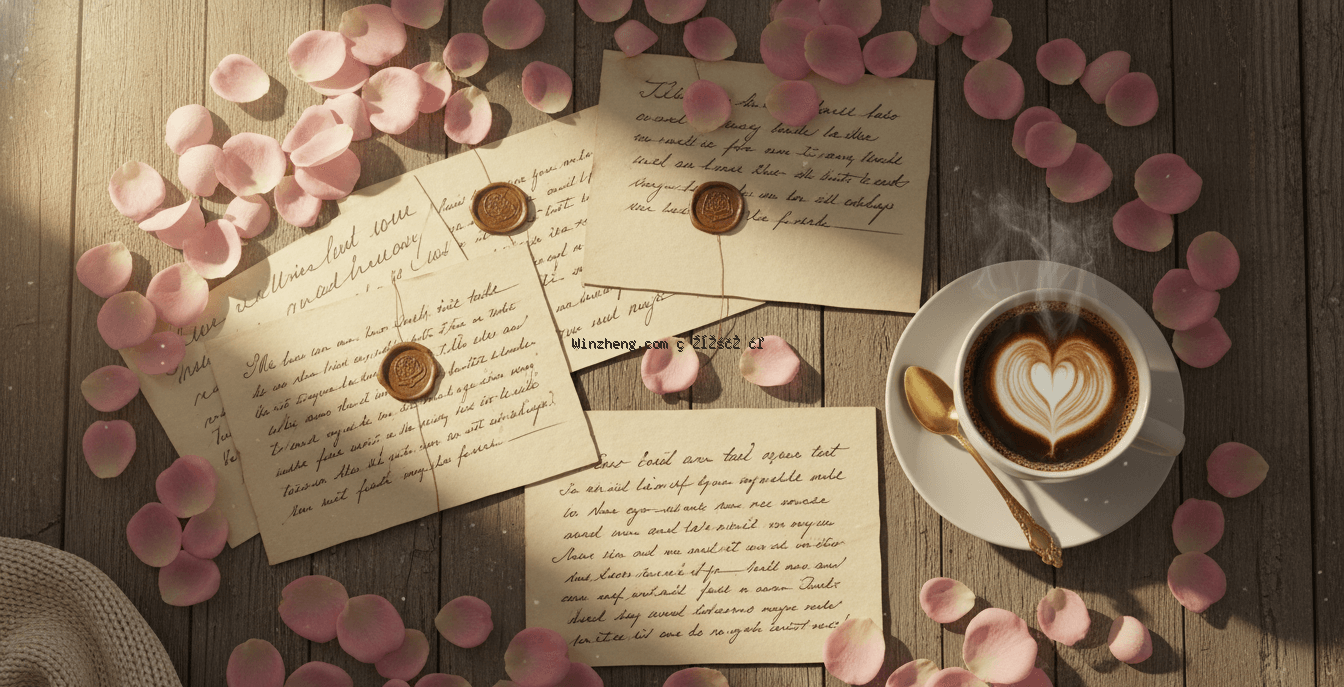 一张温馨的平铺照片，手写情书摆放在木桌上，周围环绕着粉红色的玫瑰花瓣和一杯热气腾腾、奶泡呈心形的咖啡，沐浴在柔和的晨光中。